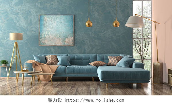 现代客厅局部特写客厅里有蓝色沙发 3d 渲染的内部